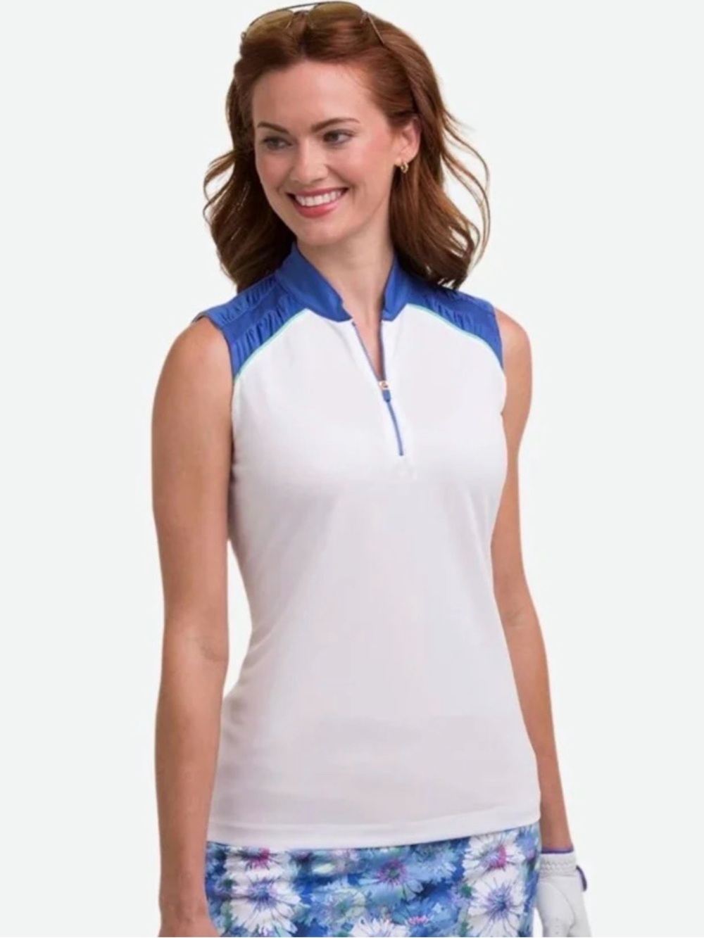 Sleeveless White & Navy Zip-Front Women’s Golf Top